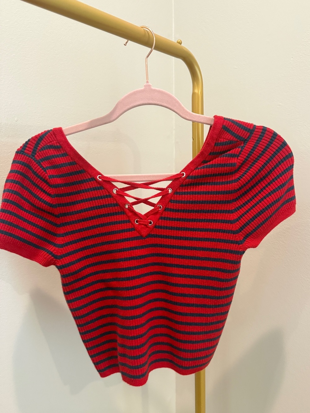 Red & Navy Striped Lace-Up Knit Top